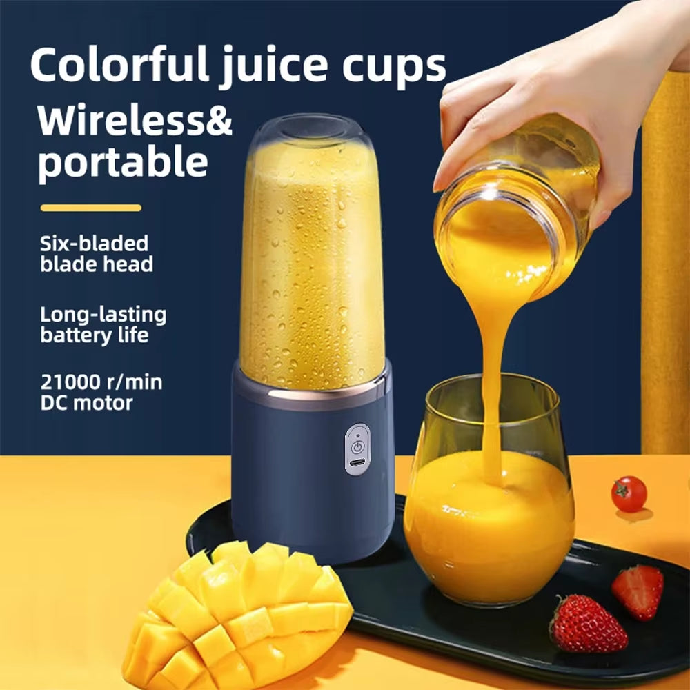 Portable 6-Blade Electric Juicer Cup with 2 Travel Cups - USB Rechargeable Personal Blender for Fresh Smoothies and Juices