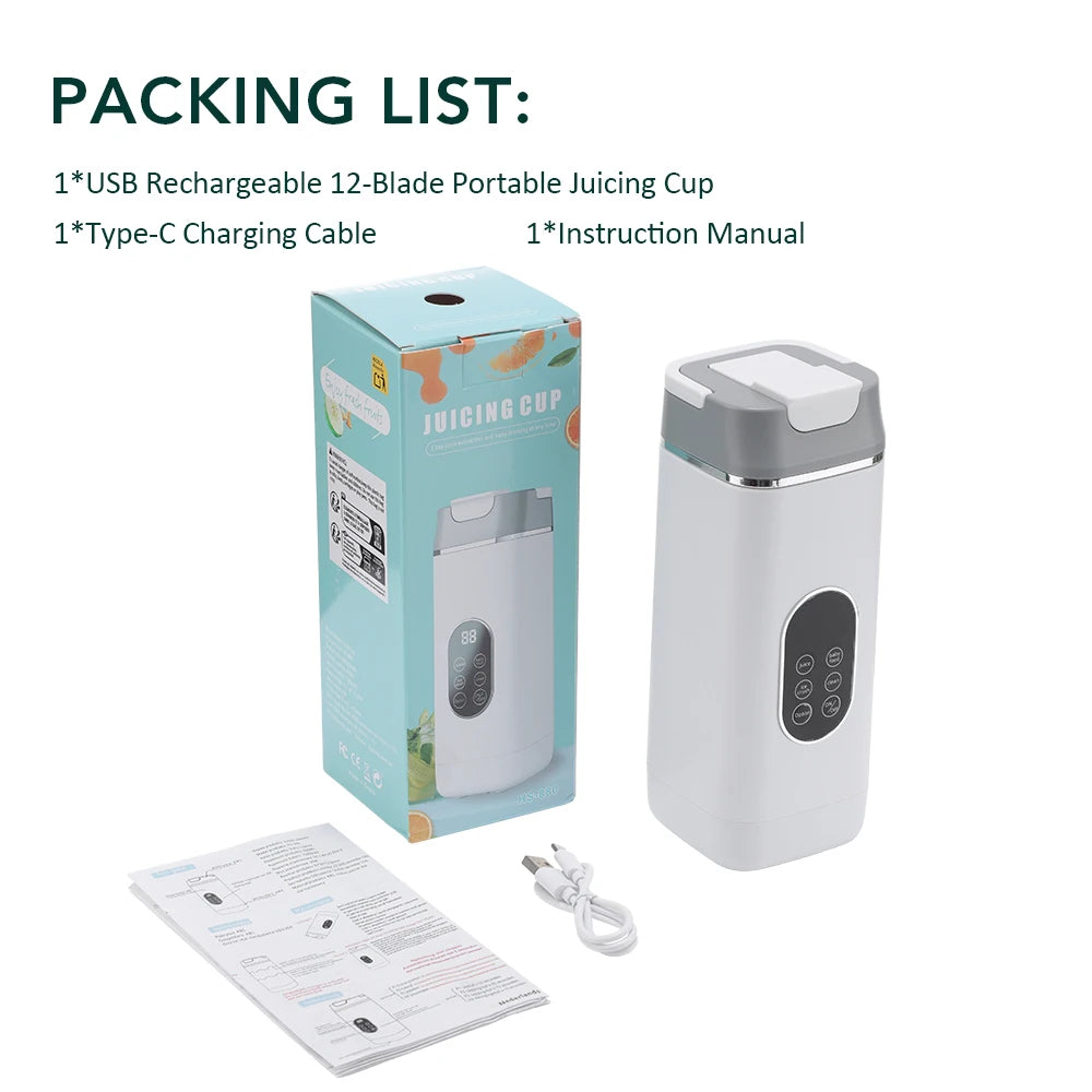 Portable 6-Blade Electric Juicer Cup with 2 Travel Cups - USB Rechargeable Personal Blender for Fresh Smoothies and Juices